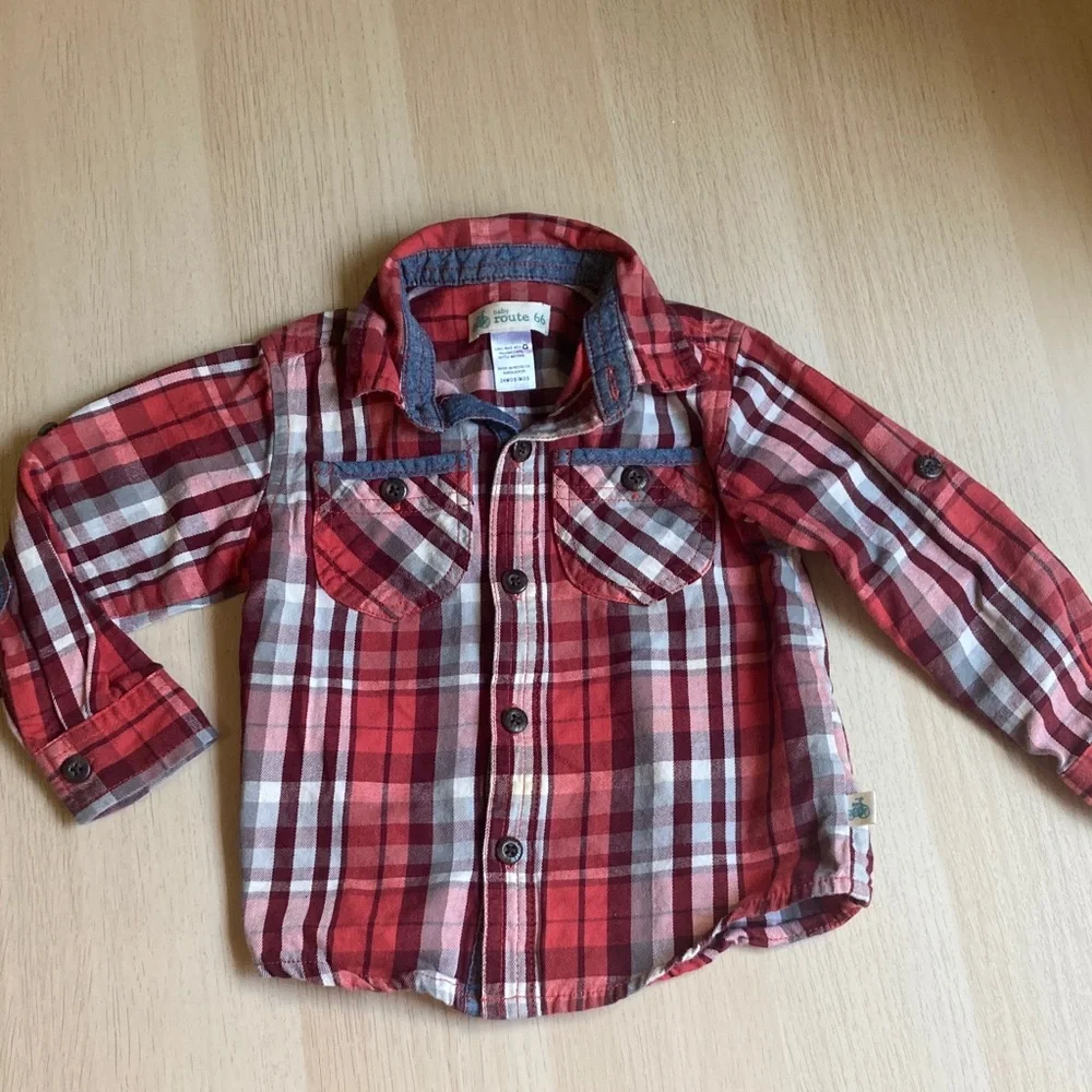 Baby Route 66 Red Plaid Button Down Shirt, Size 24 Months